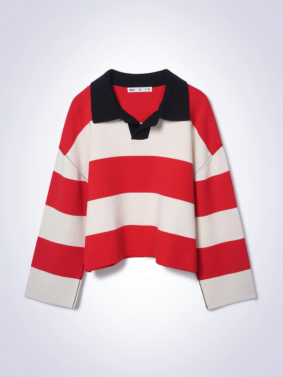 House 072C Striped Crop Sweater Red F