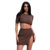 Summer 2025 Women's Sexy Knit Crop Top & Slit Button Mini Skirt Set