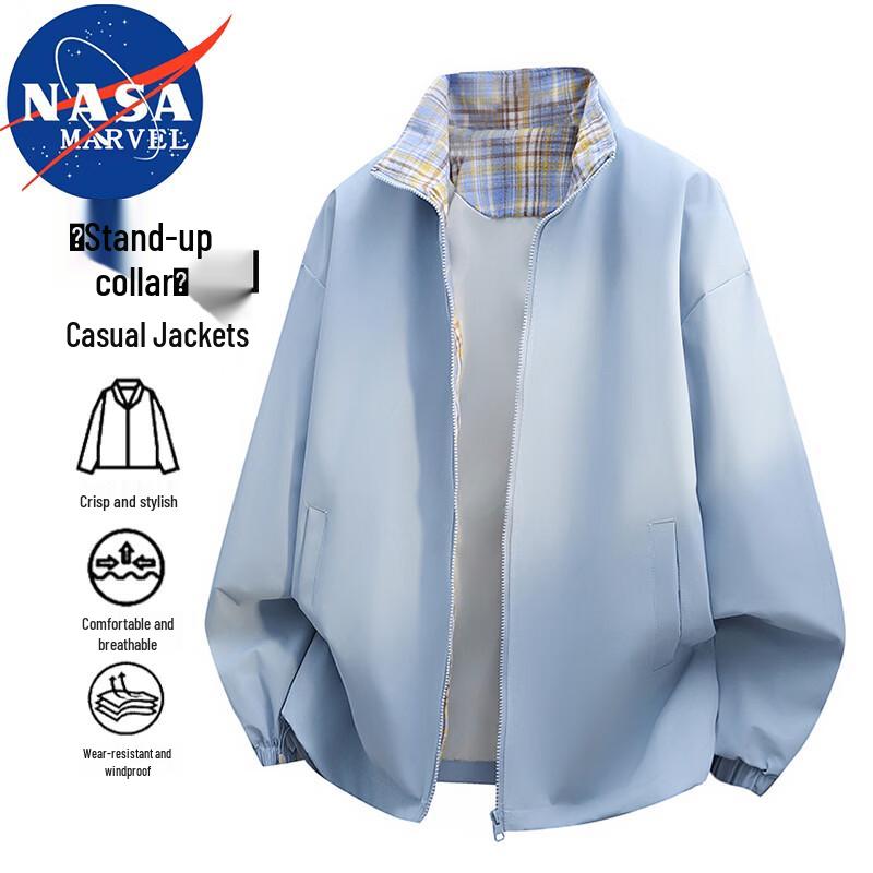 NASA MARVEL Men s Plaid Patchwork Stand Collar Casual Jacket 4XL