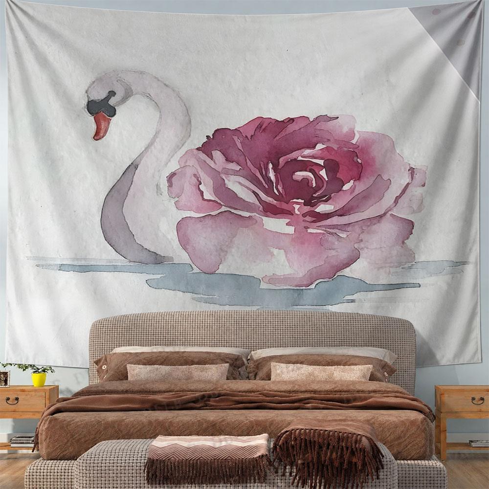 Swan and Rose Watercolor Art Pattern Wall Hanging Tapestry Decorative Tapestry Home Decor for Bedroom and Living Room