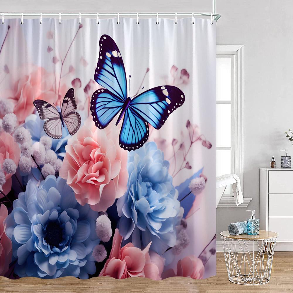 Colorful Butterfly Shower Curtains Flowers Blossom Floral Bathroom Curtain Polyester Fabric Bathtub Decor With Hooks For Home