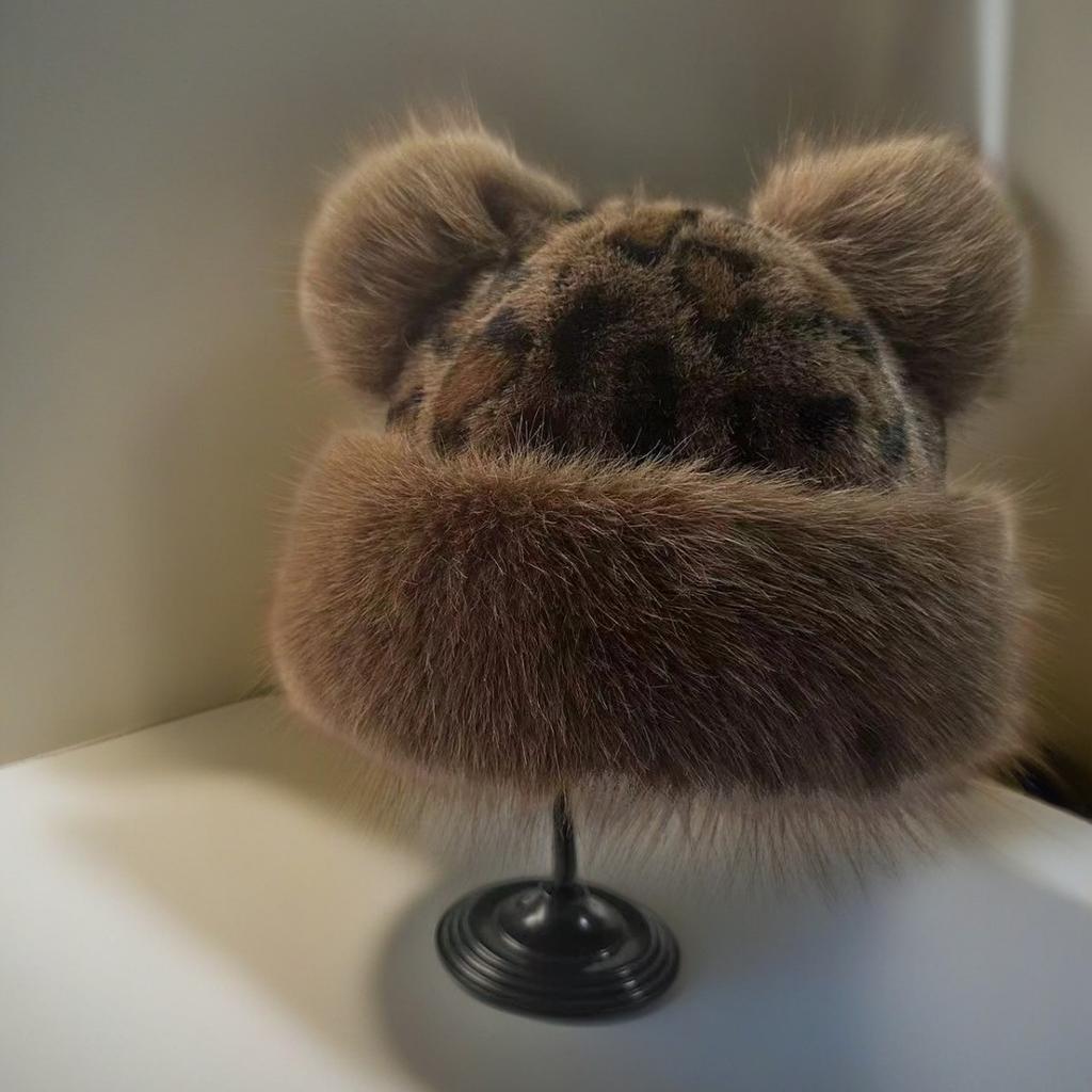Korean Version, Leopard Print, Plush Fisherman Hat, Female, Autumn and Winter New Style, Small Face, Ear Protection Hat, Thick and Warm, Faux Fur Hat