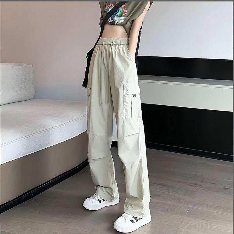 Summer ice silk quick-dry cargo pants for women, loose high-waisted drawstring jogger hiking pants, American harem sweatpants trendy for women