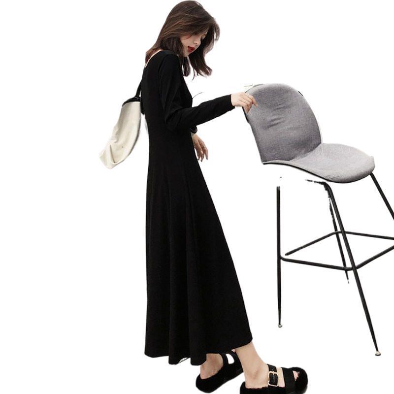 Hepburn-Style Slim-Fit Long Black Dress - Cinched Waist, Elegant Spring/Autumn 2026