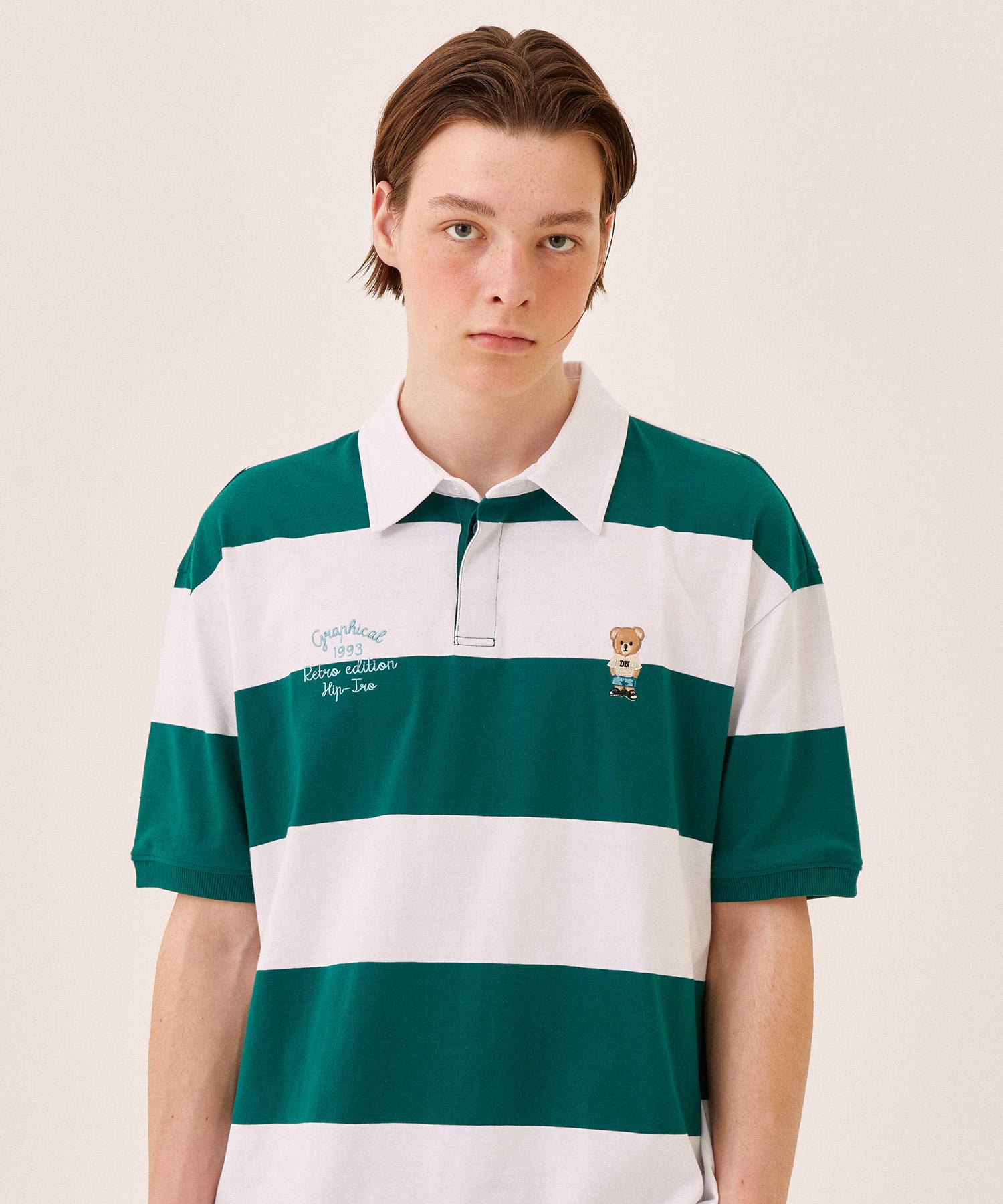 Striped Retro Bear Collared Short Sleeve Tee Green (Lo2Tu342-045) 090/Free