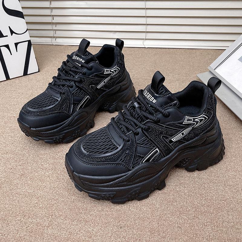 

European station leather mesh platform dad shoes women 2025 new versatile round head lace-up casual sports shoes trendy shoes 40