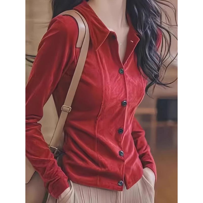 

Red Polo Collar Slim Velvet Shirt Women s New Autumn French Style Top S красный