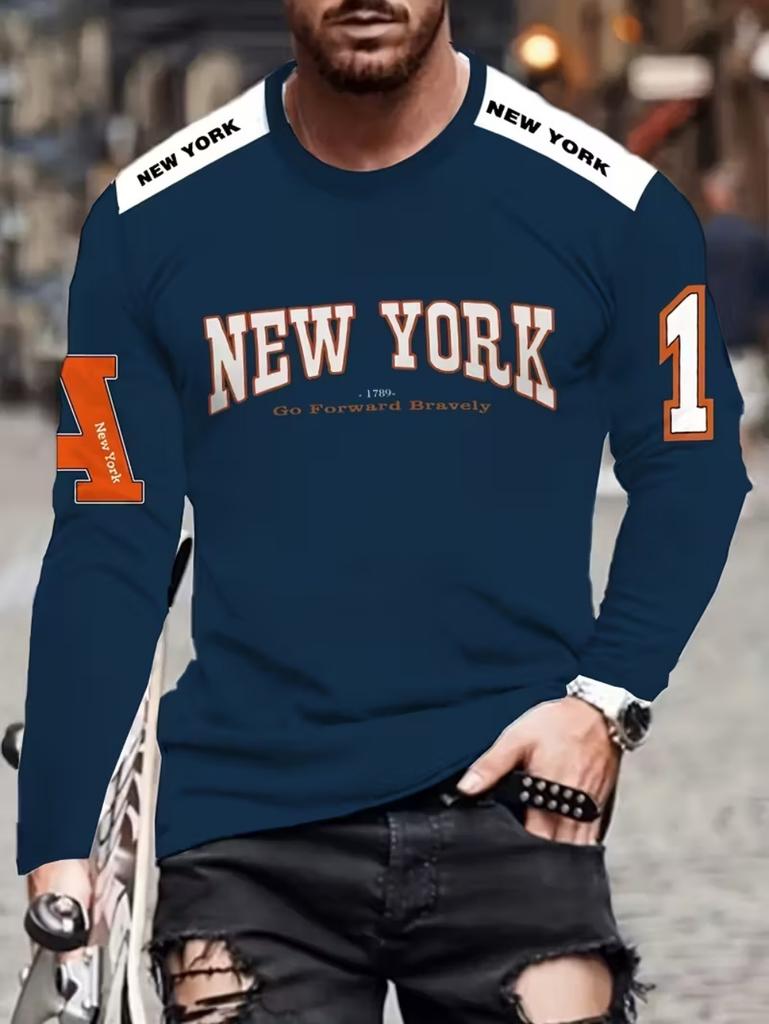 Mens T Shirt Los Angeles 3D Print Long Sleeve Autumn Striped Round Neck Outdoor Sports T-Shirt for Men Daily Men's Tops Clothing