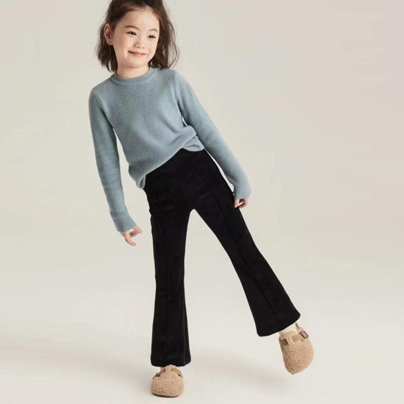 Girls Black Thin Fleece Flare Pants Spring Autumn Kids Warm Micro Bell Bottom Trousers 90