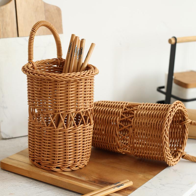 Rattan Weaving Chopstick Cage Wall Mounted Simulated Flower Decoration Hanging Basket Kitchen Tableware Storage Holder