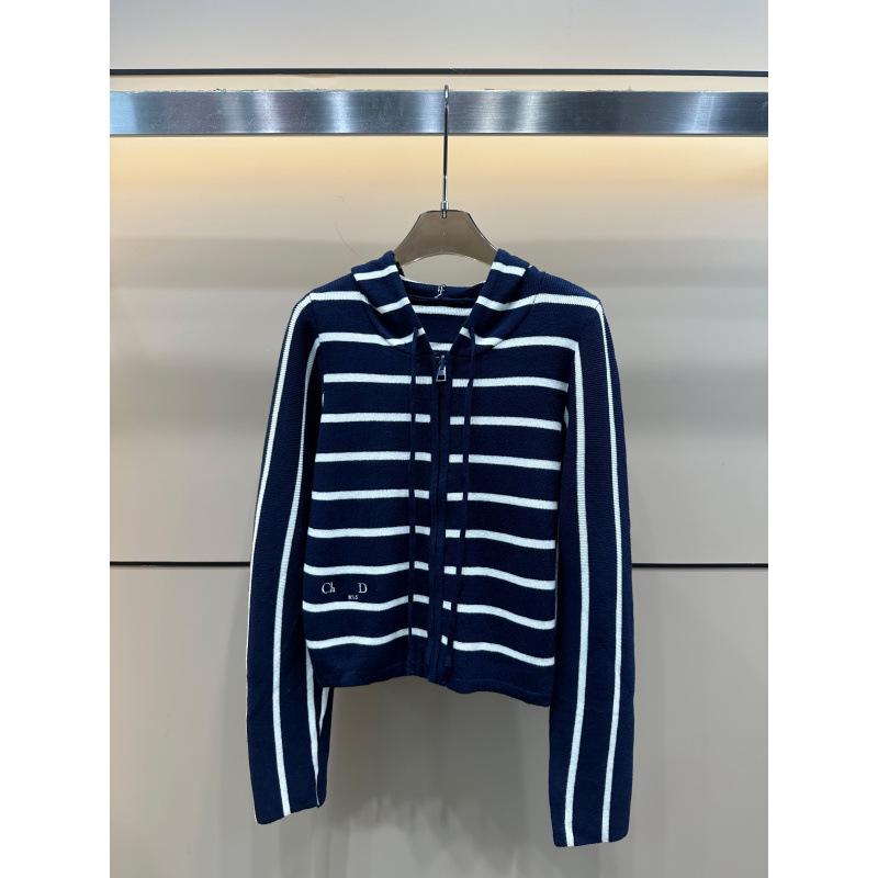 26th Anniversary Embroidery Stripe Knit Zipper Hooded Cardigan - Loose Fit Sweater