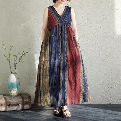 Sleeveless Plus Size Cotton Vintage Stripe New In Dresses for Women Casual Loose Long Summer Dress