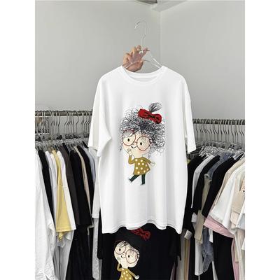 Reines Baumwoll-Rundhals-Kurzarm-T-Shirt Damen 2025 neu lässiger Lazy-Style Cartoon-bedrucktes T-Shirt Top Tide