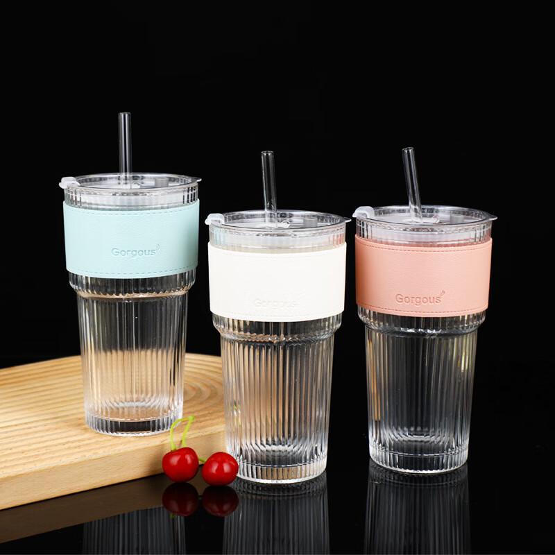 A59 Striped Heat-Resistant Glass Cup with Lid and Straw