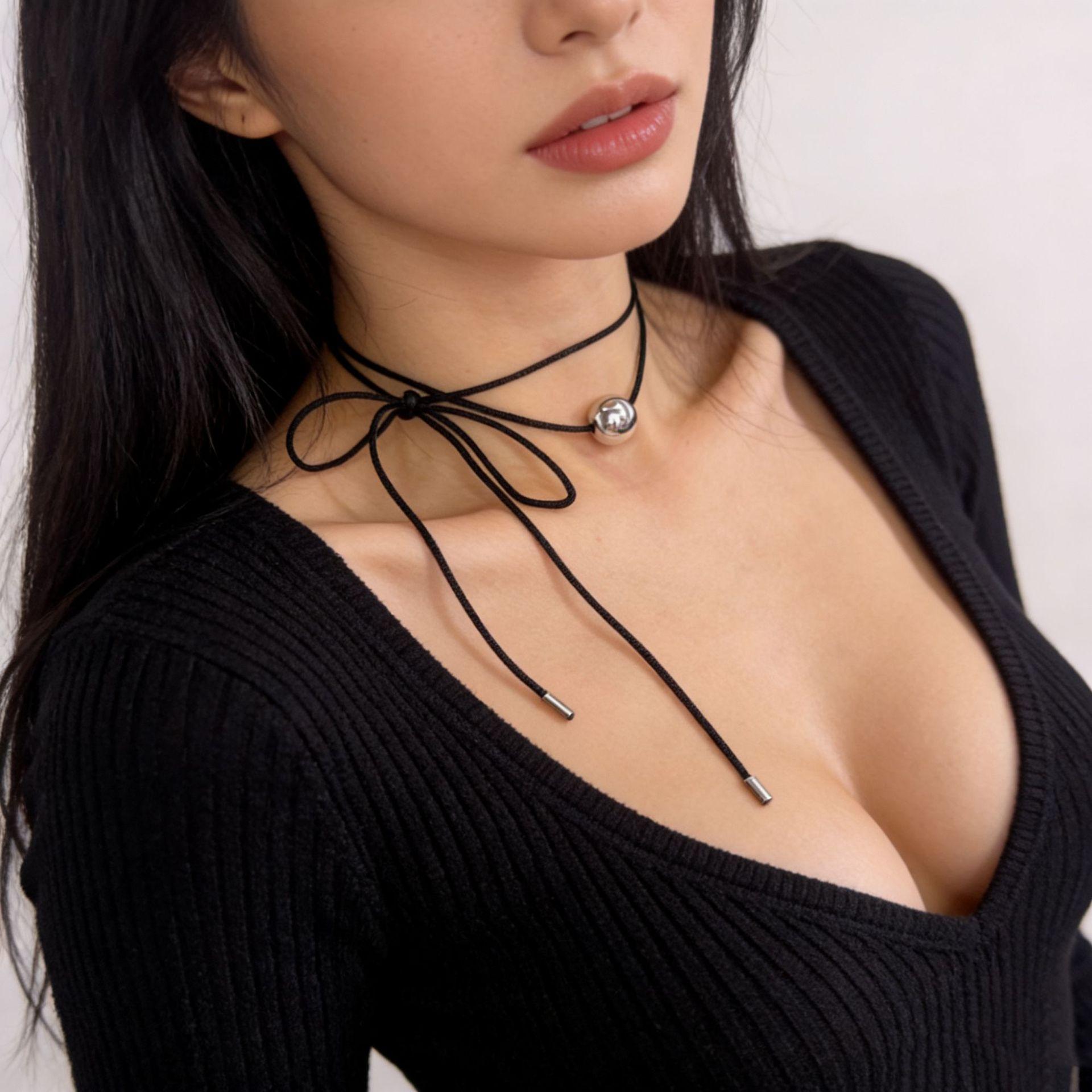

2026 New Silver Color Glossy Round Ball Bowknot Necklaces for Women Girls Sexy Black Color String Rope Necklaces Jewelry Gifts
