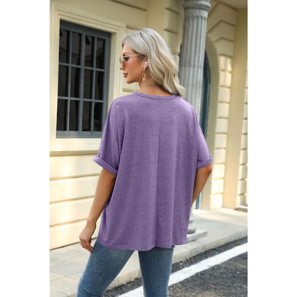 HNXC Spring Summer Solid-color Round-neck Loose Short-sleeved T-shirt Top for Women