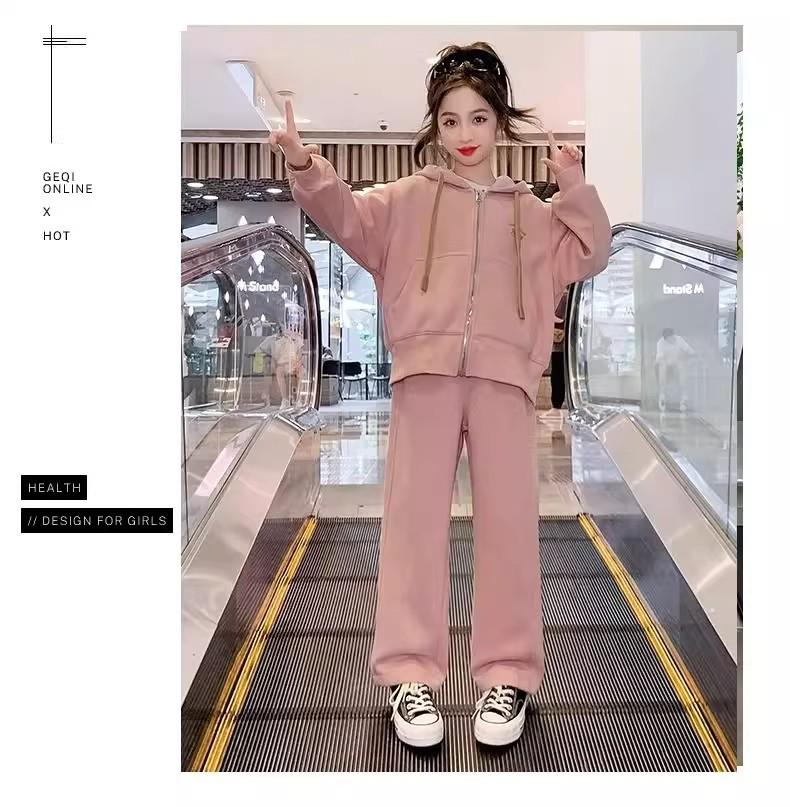 Girls' Autumn Sporty Set: Hooded Sweatshirt & Wide-Leg Pants Two-Piece