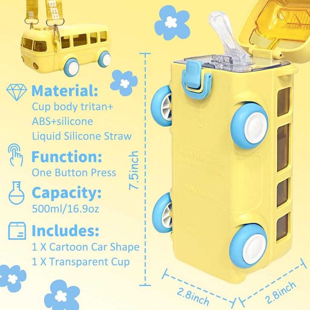 Water Bottle For Kids, Bus Shape Car Water Bottle with Straw For Kids, Portable Kid Water Cup with Shoulder Strap 500 ML