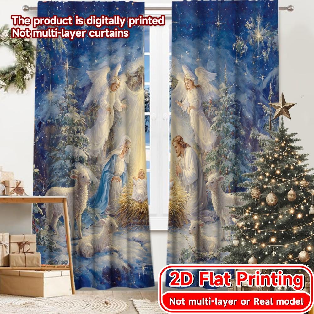 

Set Of 2 Flat Printing Nativity Glow Popular Creative Curtains Fabric Holiday Use Living Room Bedroom Office Curtain Polyester Perfect For Sitting W100*H70(CM)-Rod Pocket&1PCS