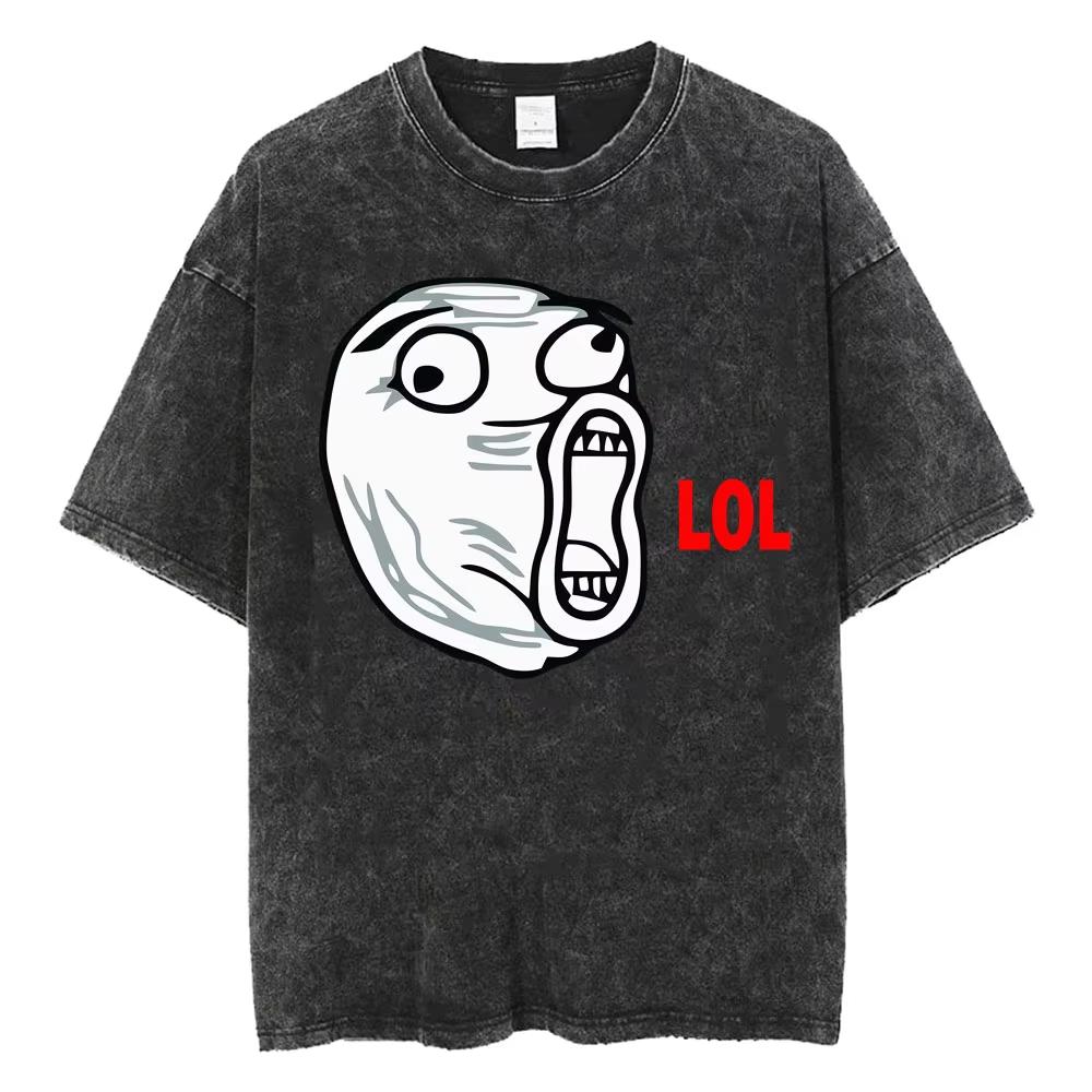 Funny LOL Troll Face Washed T Shirt Viral Internet Hilarious Retro Meme Tee Shirt Men Women Harajuku Y2k Loose Oversized Tshirts S разноцветный