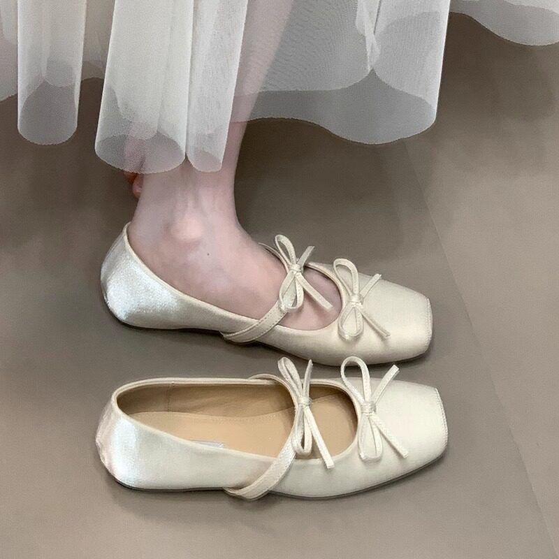 Inner height-increasing bow square head ballet shoes light mouth single shoes women's 2026 summer new fairy gentle Mary Jane shoes