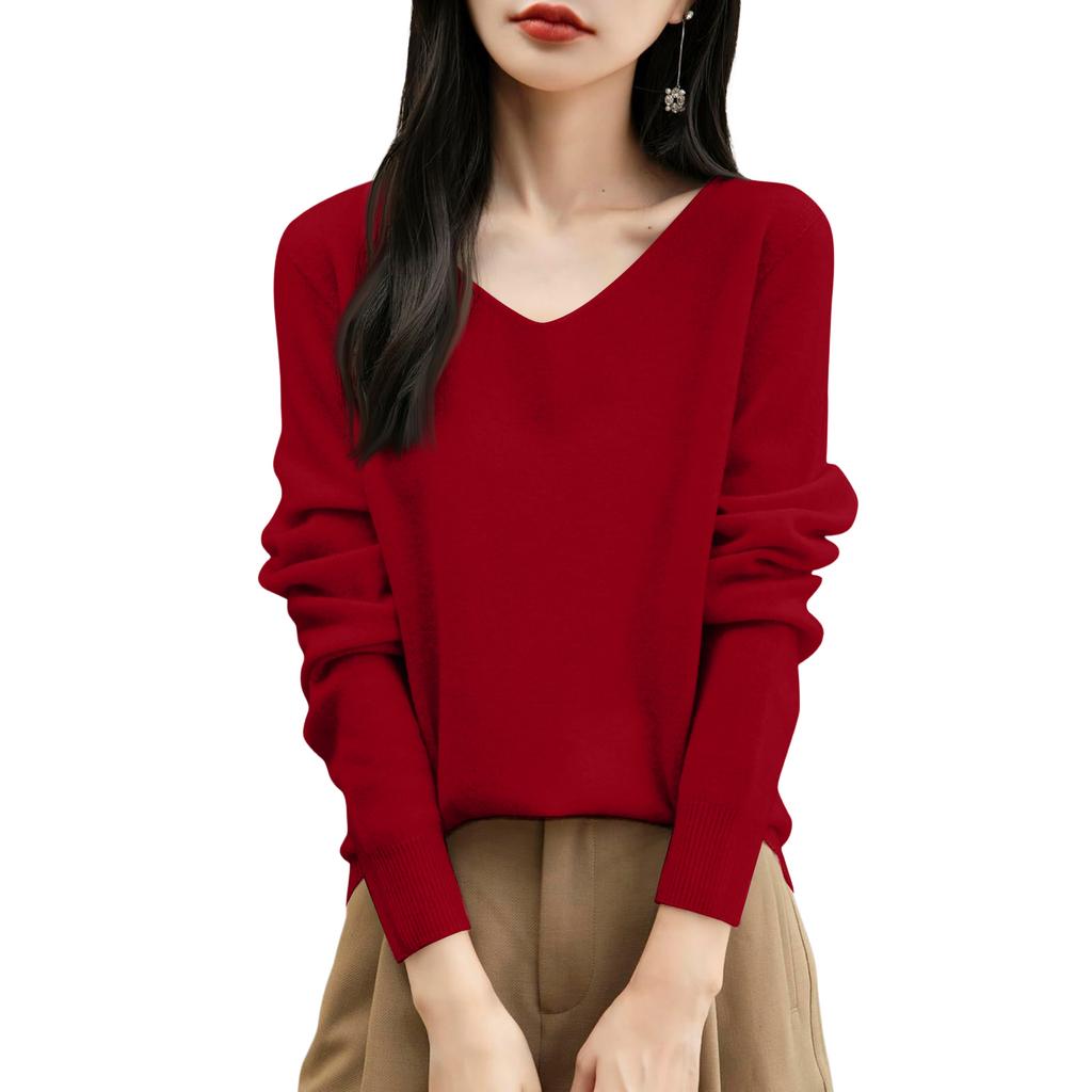 Women's Fashion Flat-Knit V-Neck Pullover Sweater Solid Color Long-Sleeve Top