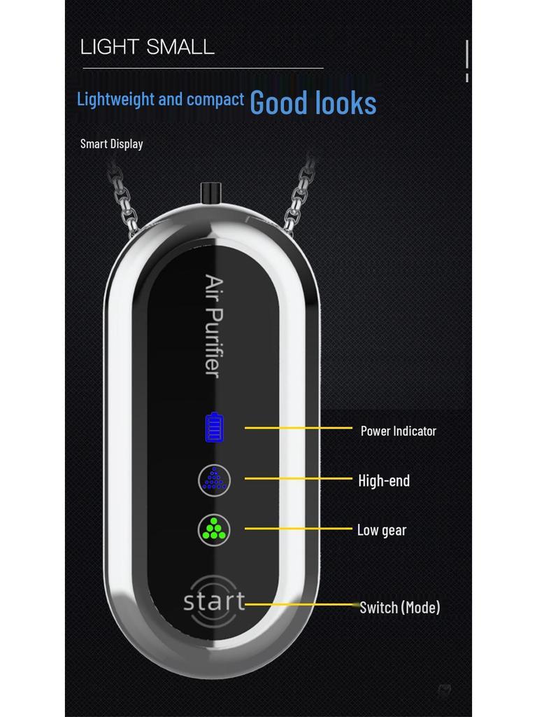 Rechargeable Portable Neck-Worn Personal Air Purifier with Negative Ion Technology.