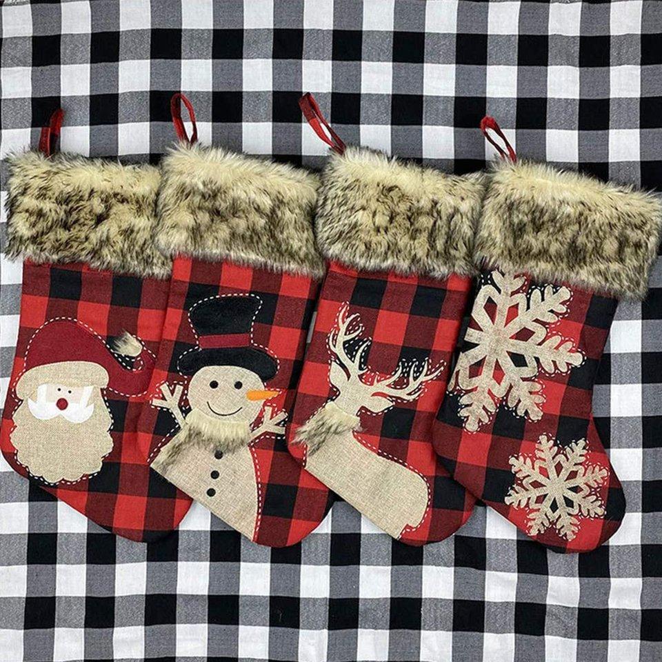 Yostyle Christmas Stockings Burlap Plaid Style with Snowflake Santa Snowman Reindeer and Plush Faux Fur Cuff Family Pack Stockings for Xmas Holiday Party Decor 4 Pack 18 Big Xmas Stockings