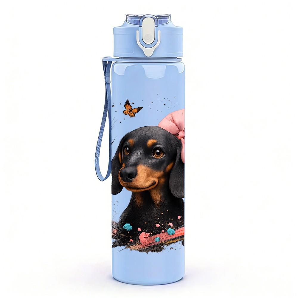 1PC Bow Dachshund Dog Portrait 750ml Color Plastic Sports Water Bottle Leakproof Flip Straw Lid Suitable for Sports Office Home Use
