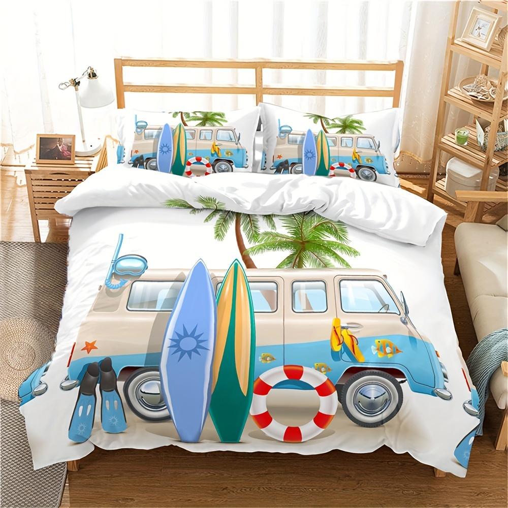 2/3pcs Camping Duvet Cover Set Bus Surfboard Palm Tree Bedding For Bedroom Bedding Set With 1 Duvet Cover And 1/2 Pillowcase