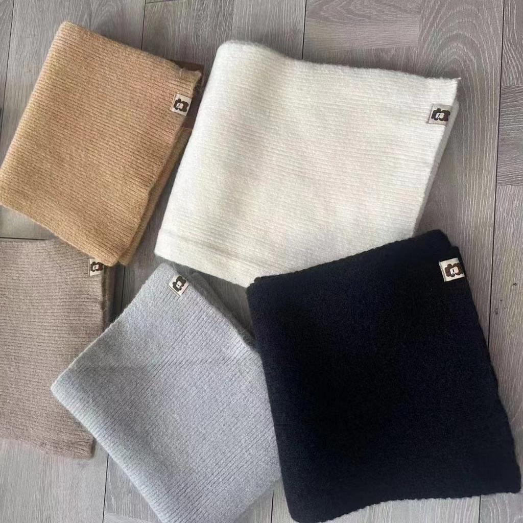 Korean Version Solid Color Versatile Bear Logo Scarf for Women Autumn and Winter Warm Knitted Cute Couple Student Scarf