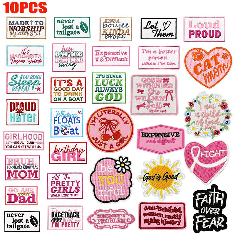 10pcs /Lots Pink Cartoon English Letter Embroidered Patches Diy Jackets Backpack Sew Badges Iron On Patches For Clothing Stickers 