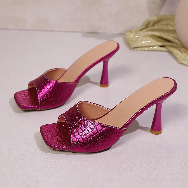 Fashion Summer New Stiletto High Heels Women's Fashion Outside Wear Square Toe Stone Pattern Plus Size Fish Mouth Slippers
