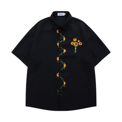 Camisa de manga curta bordada com girassol estilo retro americano para homens e mulheres casais verão nova waffle solta casual