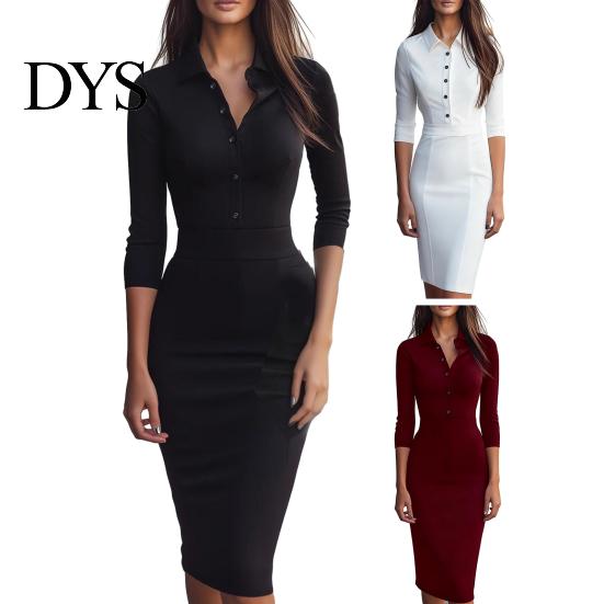 Waist Dress Women's Fall Long Sleeve Bodycon Work Lapel Button Comfortable Women Up Formal Midi Business Office Sheath Pencil