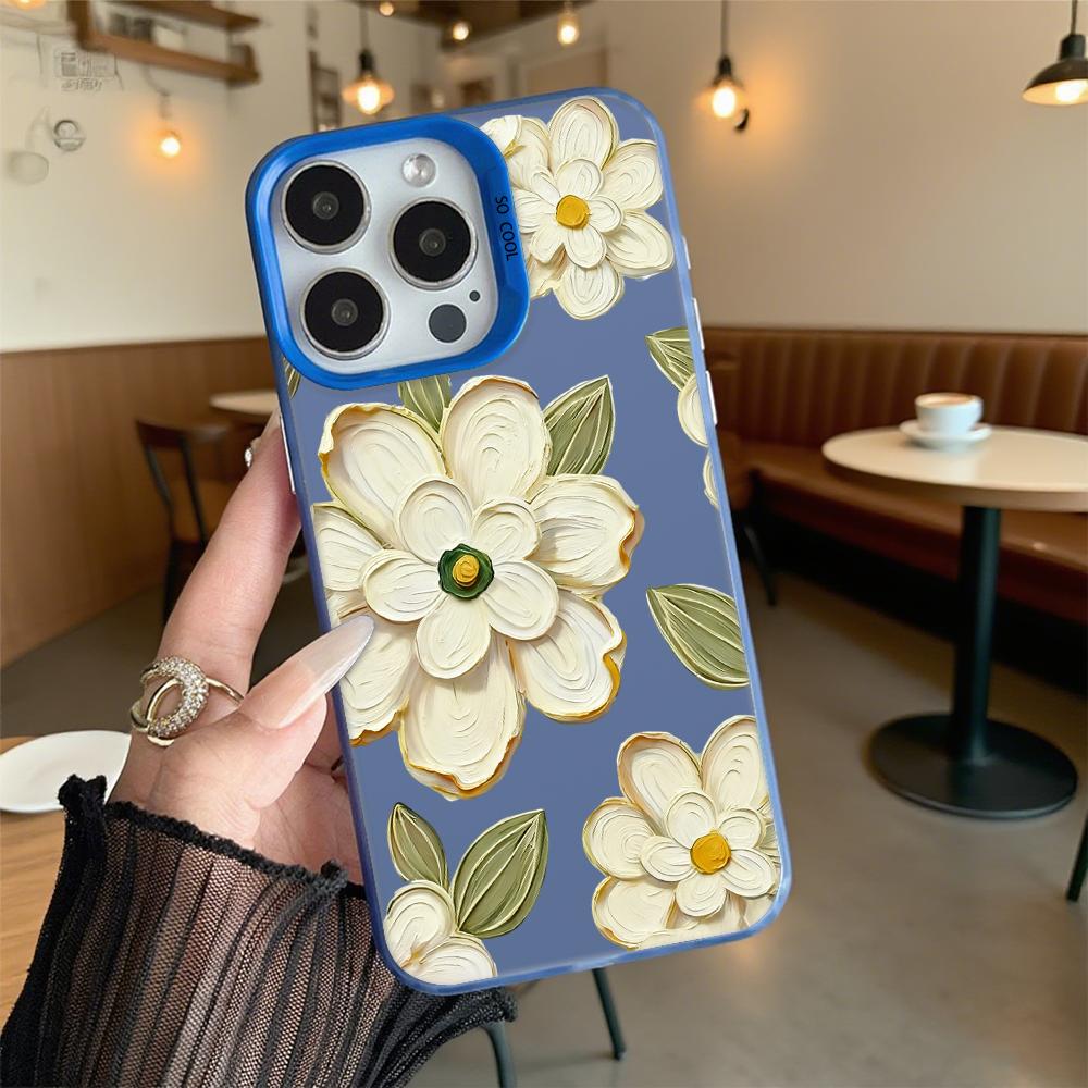 Textured White Flowers Shockproof Phone Case for Iphone 16 15 14 13 12 11 Pro Max/Mini Anti-Scratch Premium Hard Cover
