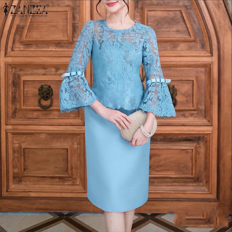 ZANZEA Women Casual Lace Patchwork 3/4 Sleeve Elegant Sheath Dress