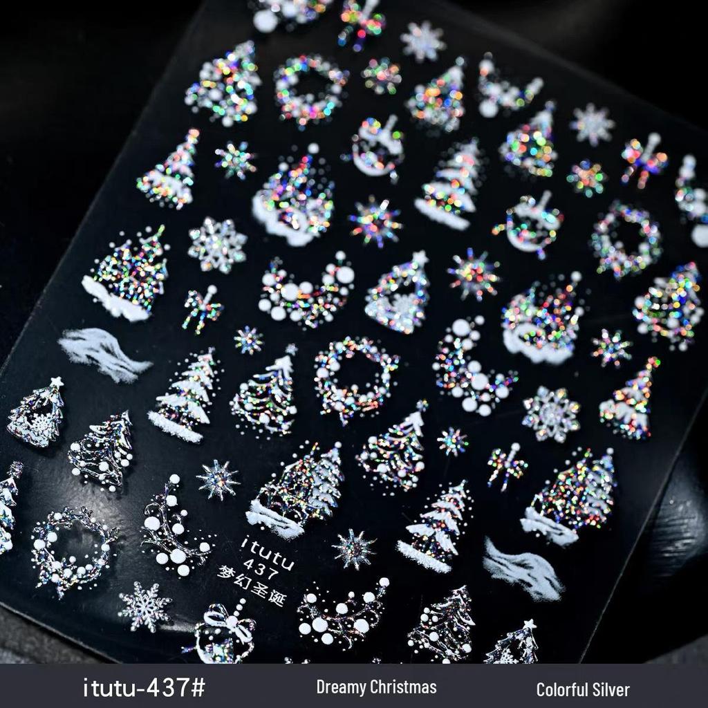 Itutu Christmas Nail Stickers: Colorful Trees, Wreaths, Snowflakes & Bows. Self-Adhesive, Hot Stamping Design for Festive Fingertips.