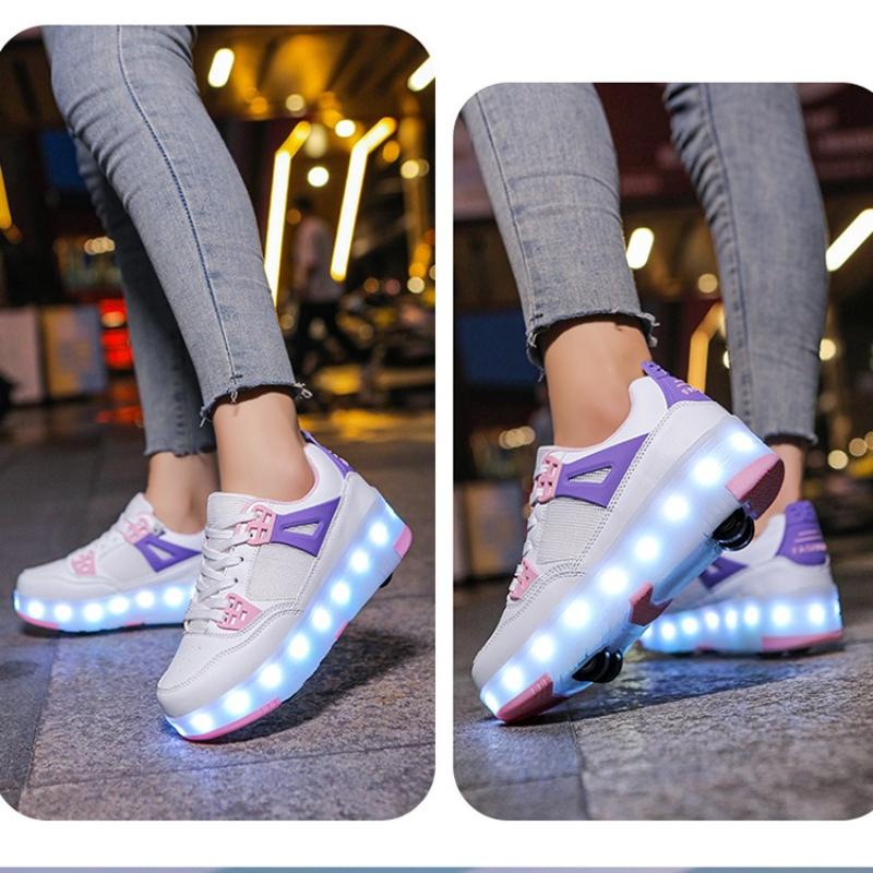 Student Skating Shoes Rotating Button Four Wheel Skate Roller Shoes Roller Skating Removable Kids Glowing Sneakers