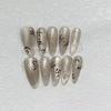 10Pcs Handmade Cat Eye Gradient Long Coffin Stiletto Press On Nails With Glitter Diamond Pearl Flower Bowknot Decorations