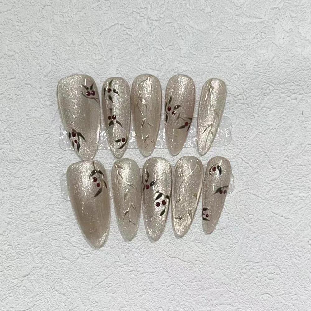 10Pcs Handmade Cat Eye Gradient Long Coffin Stiletto Press On Nails With Glitter Diamond Pearl Flower Bowknot Decorations