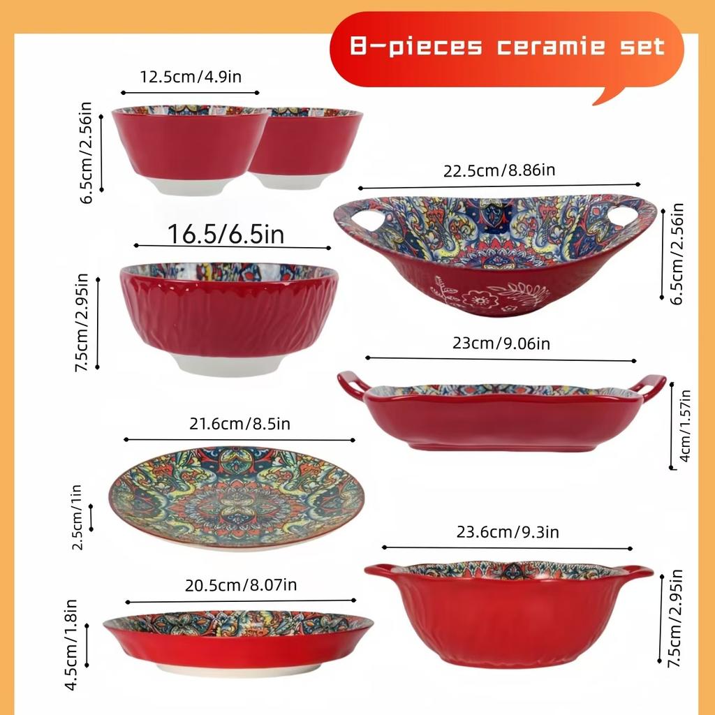 Bohemian ceramic dishes and cutlery 8-piece set household good-looking rice bowl double-ear soup basin exquisite noodle bowl