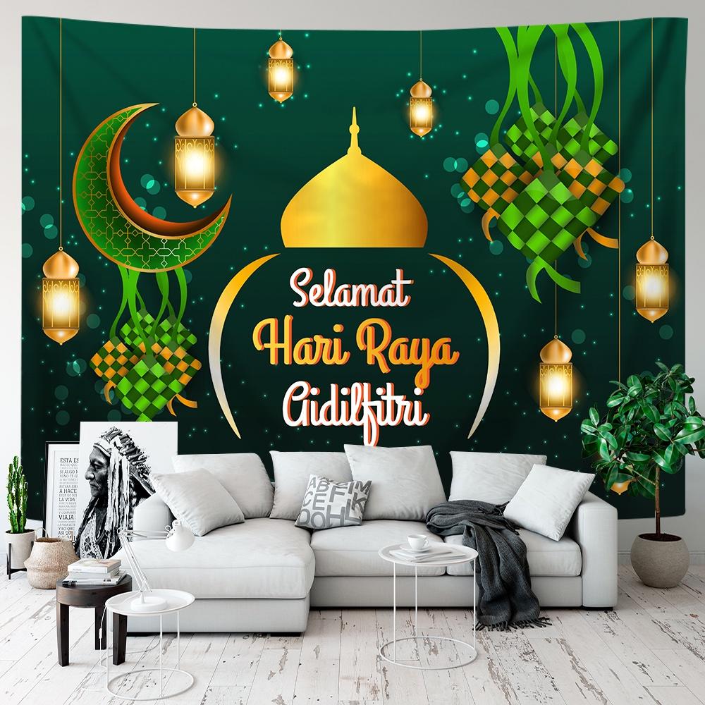 VIKAMA Green Gold Mosque Tapestry Ramadan Kareem Ramadan Wall Hanging Islamic Bedroom Decor Washable Art for Living Room