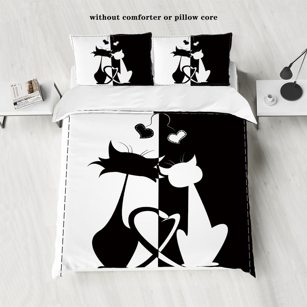 3-piece Down Duvet Cover with Couple Cat Pattern Print (1 Down Duvet Cover+2 Pillowcases, No Core) Soft Bedding Set