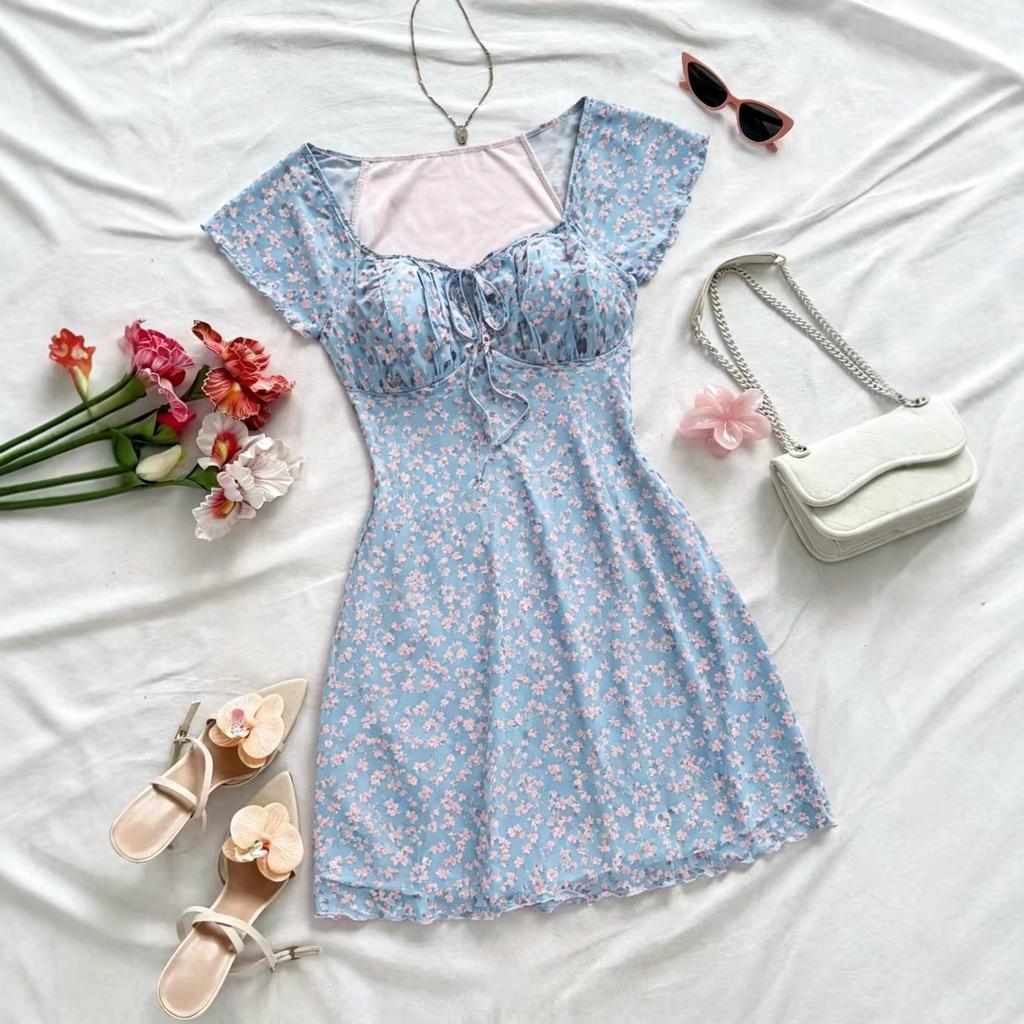 Women's U Neck Cap Sleeve Floral Mini Dress Slim Fit High Waist Mesh Panel Bodycon Dress 2026 Summer Sweet French Vacation Short Dress