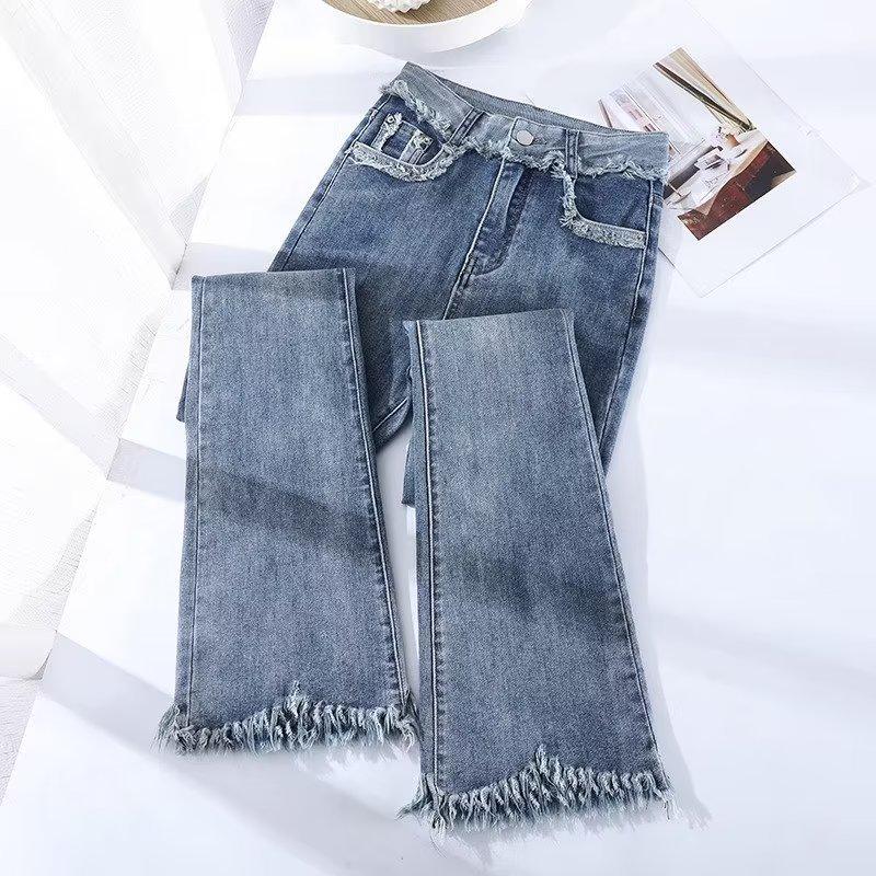 

Джинсы для девочек с высокой талией и легкими потертостями, расклешенные кисточками - коллекция Лето 2024 Small светло-синий