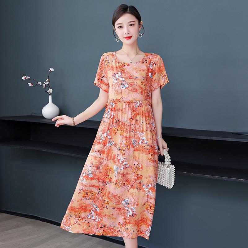 Plus Size Floral Cotton-Silk Dress for Women - Summer Fashion, Elegant Long Swing Dress