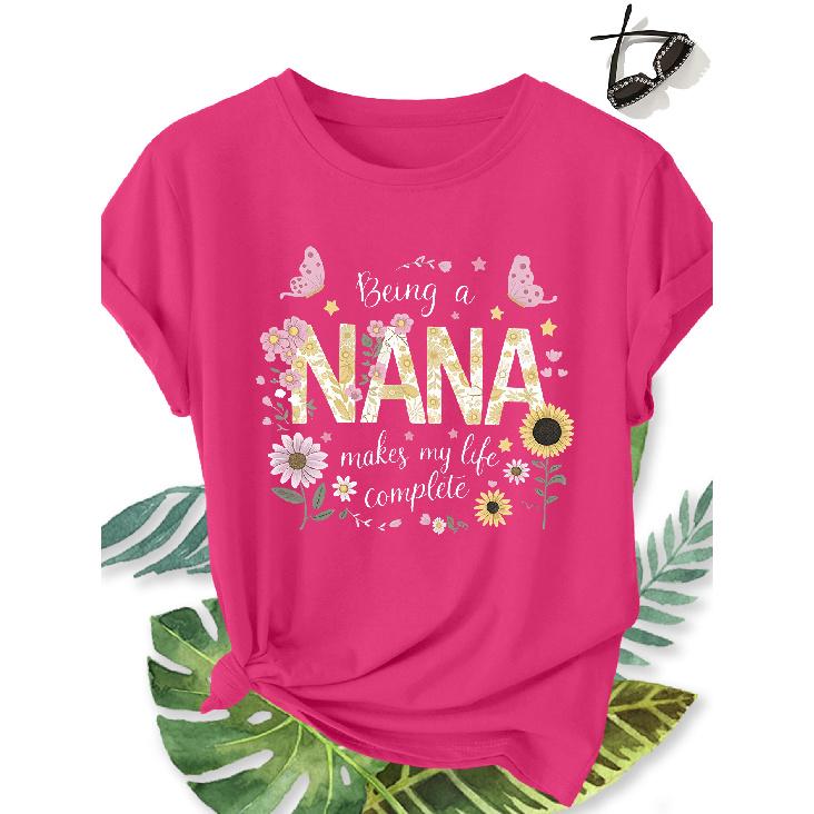 Elegant plus-size short-sleeve shirt for women Flower NANA Grandma print pattern round-neck women's comfortable, soft, breathable new spring-summer