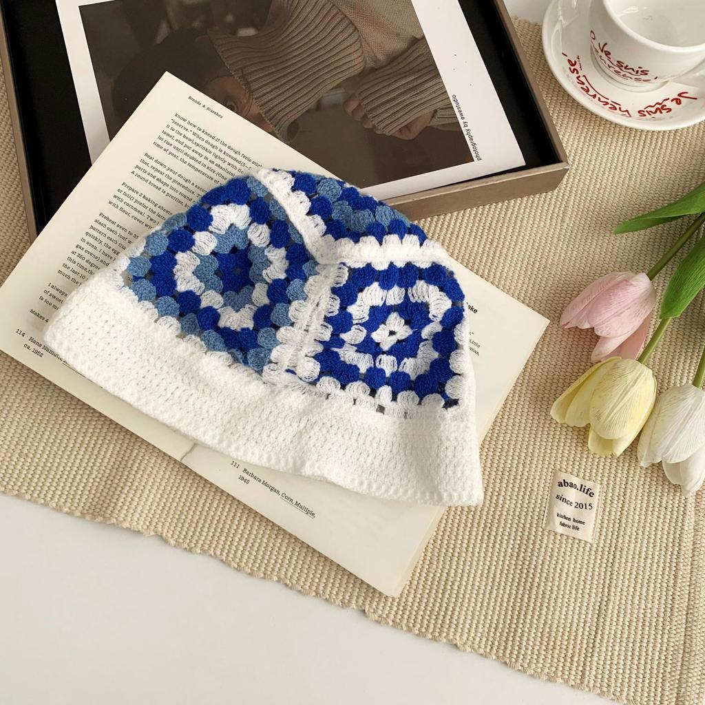Big head circumference hat literary bucket hat women's color matching knitted flower dome foldable hat sun protection