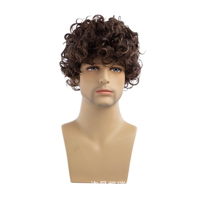 Synthetic Short Brown Wig for Men Afro Messy Perm Curly Haircut Handsome Cool Wig with Bangs Cosplay Carnival Party